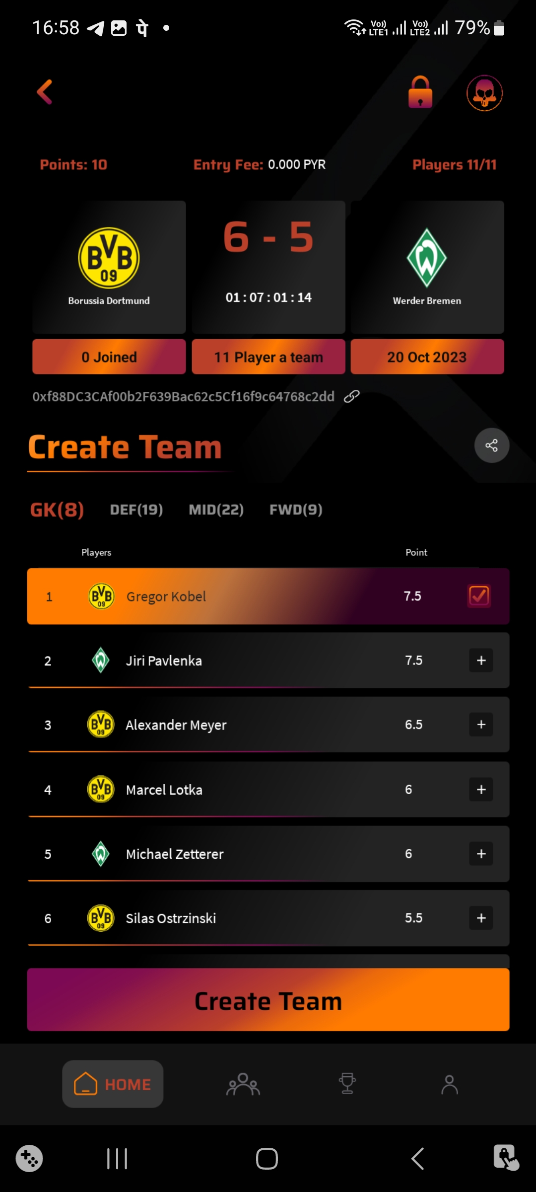 Team selection interface